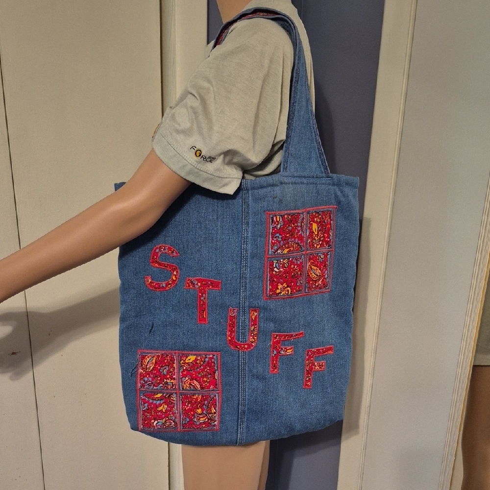 Blue and Red Denim Tote with Artistic Embroidery